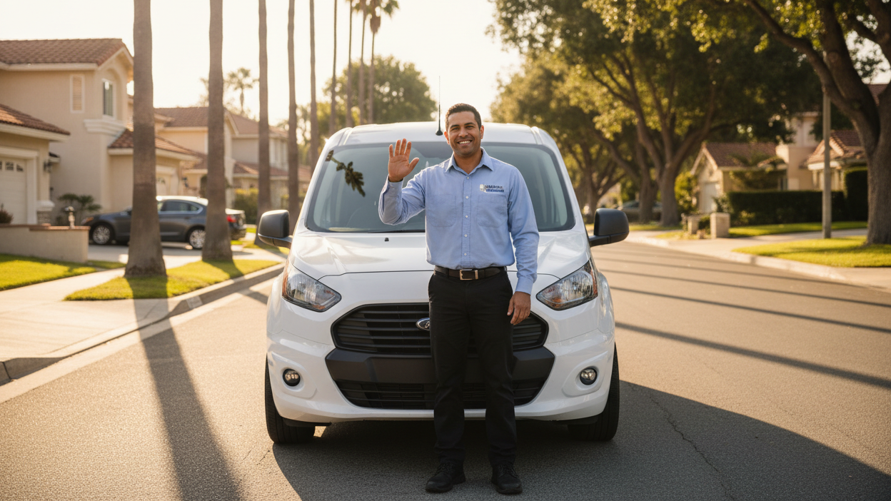Maintenance technician standing in next to plain white van, waving to camera. Van is in the center of image and is parked in driveway of a home, the backround is a treelined street of a southern california neighborhood. Make warm, not corporate.